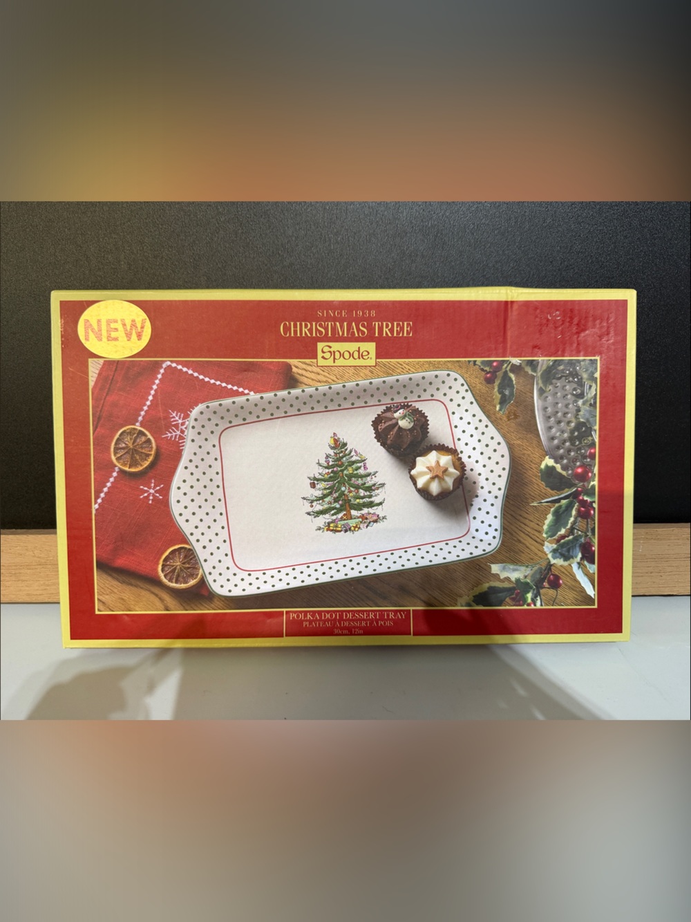 Spode Christmas Tree Polka Dot Dessert Tray in Red, Green and Gold with box!